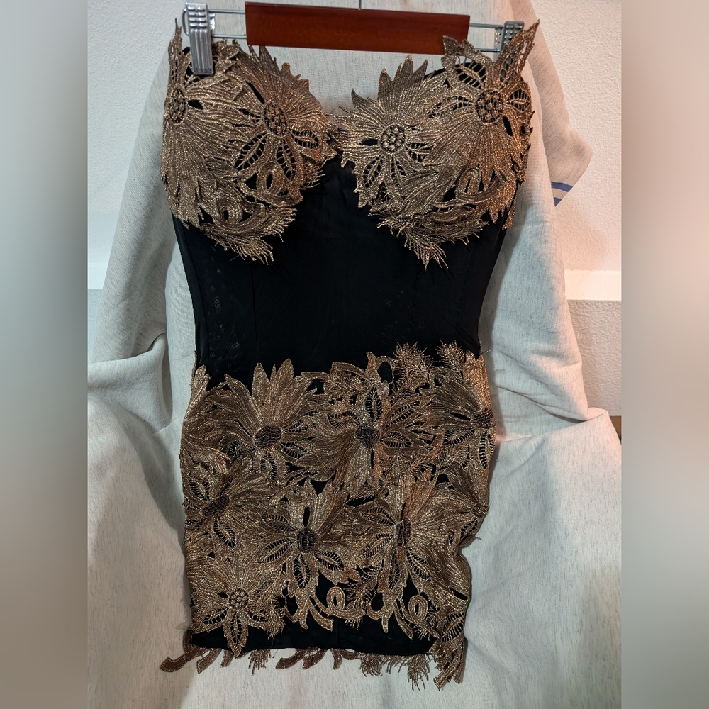 Alberto Makali Strapless Black and Gold Dress